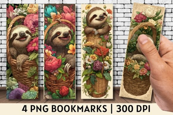 Peony Floral Sloth Basket Art Bookmark Set