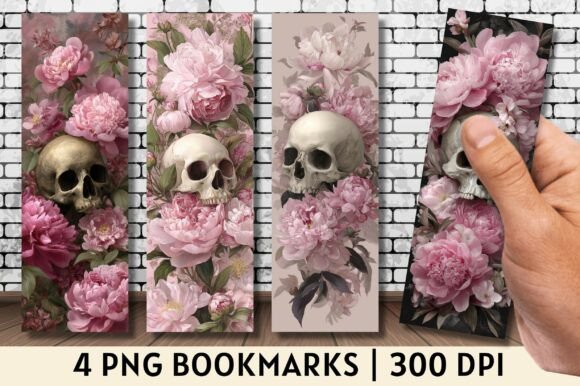 Vintage Pink Peony Floral Skull Bookmark Guide